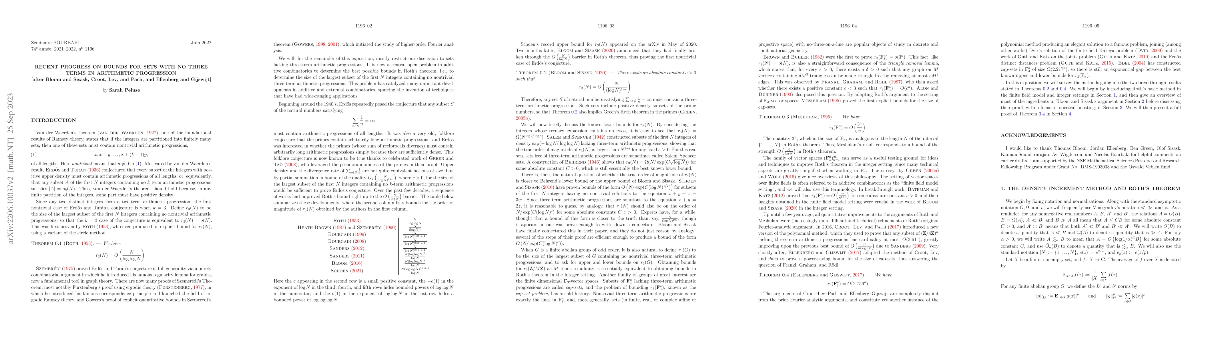 Thumbnail for Recent progress on bounds for sets with no three terms in arithmetic
  progression