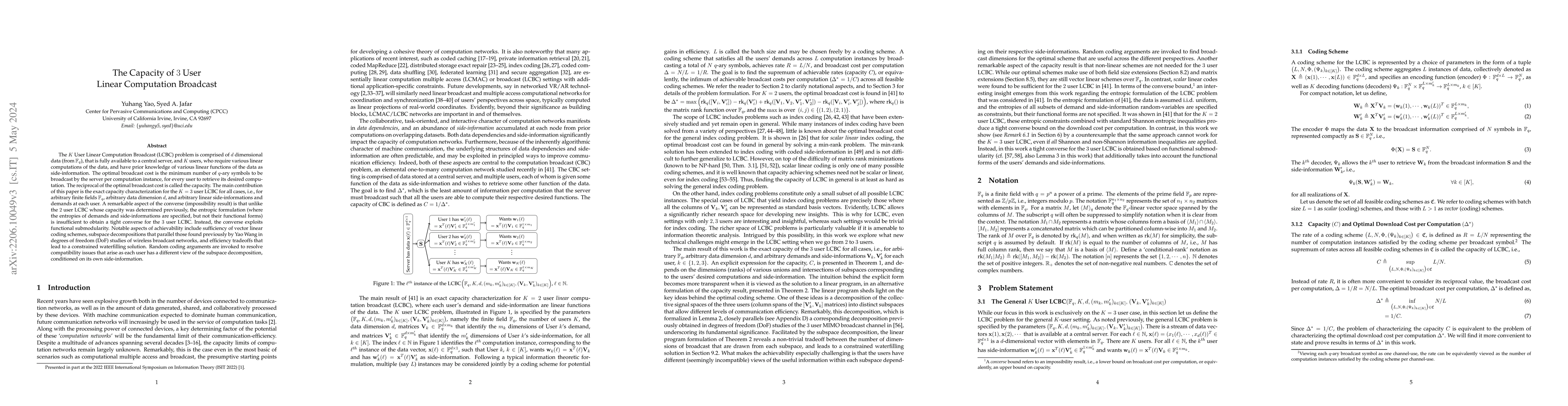 Thumbnail for The Capacity of 3 User Linear Computation Broadcast