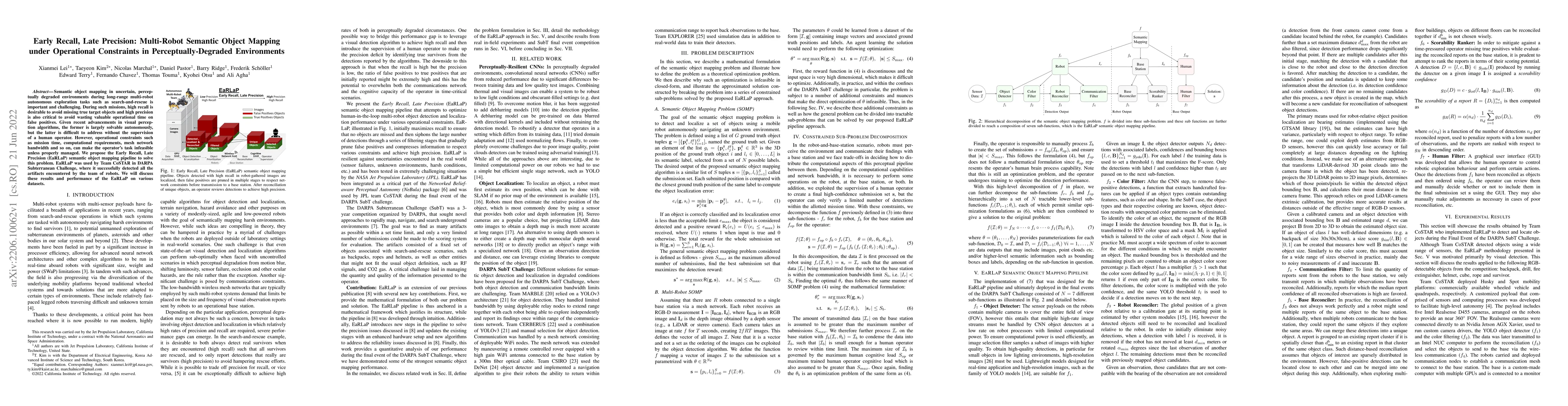 Thumbnail for Early Recall, Late Precision: Multi-Robot Semantic Object Mapping under
  Operational Constraints in Perceptually-Degraded Environments