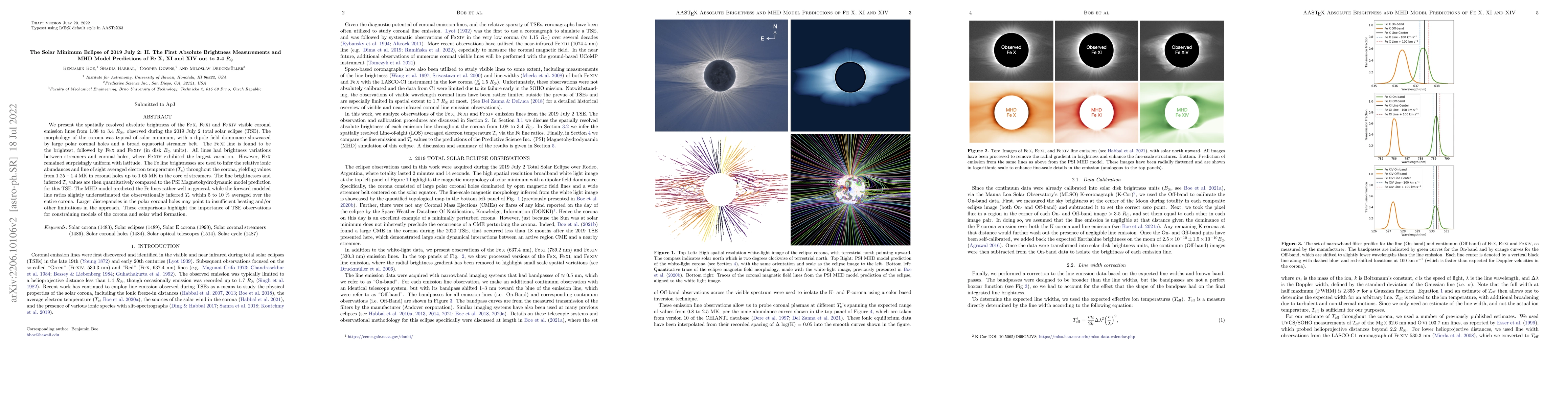 Thumbnail for The Solar Minimum Eclipse of 2019 July 2: II. The First Absolute
  Brightness Measurements and MHD Model Predictions of Fe X, XI and XIV out to
  3.4 Rs