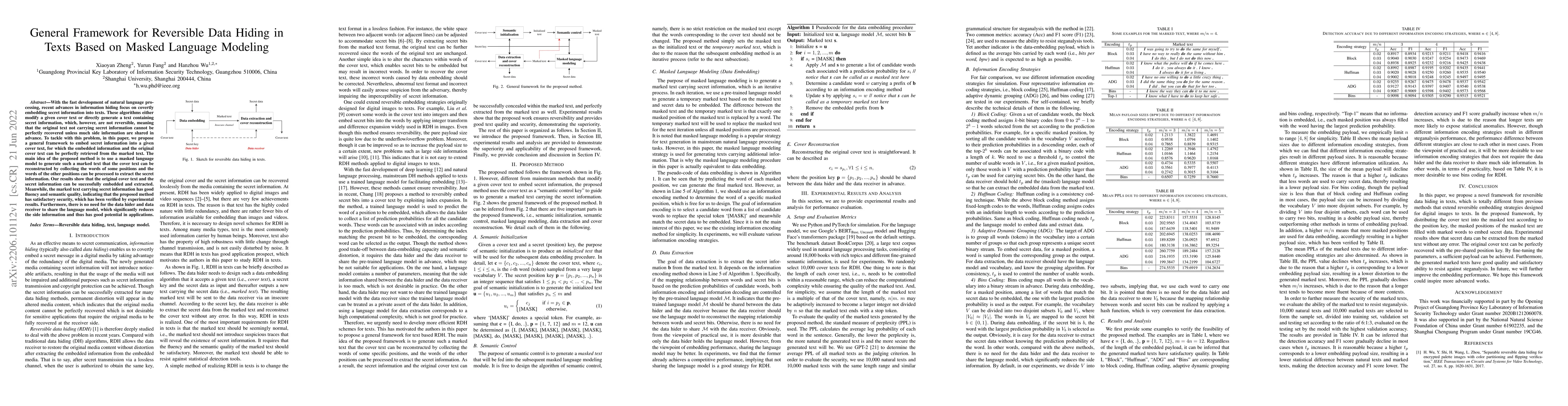 Thumbnail for General Framework for Reversible Data Hiding in Texts Based on Masked
  Language Modeling