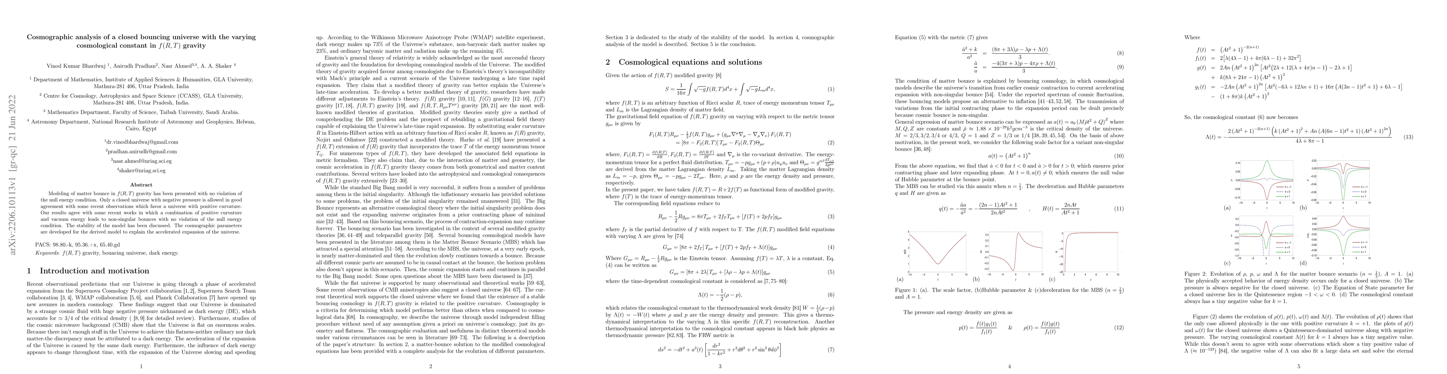 Thumbnail for Cosmographic analysis of a closed bouncing universe with the varying
  cosmological constant in $f(R,T)$ gravity