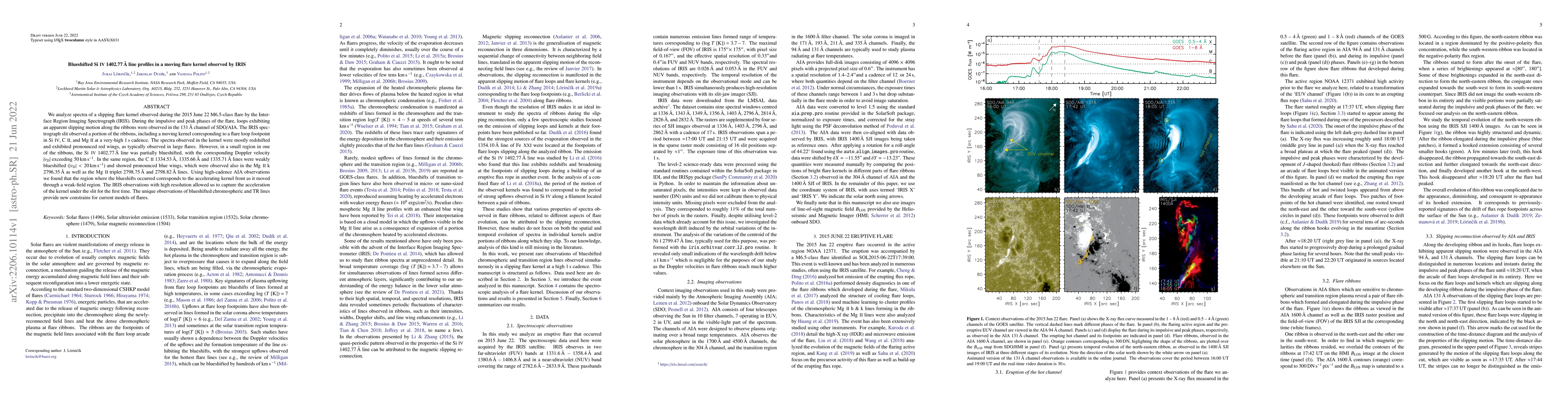 Thumbnail for Blueshifted Si IV 1402.77{\AA} line profiles in a moving flare kernel
  observed by IRIS