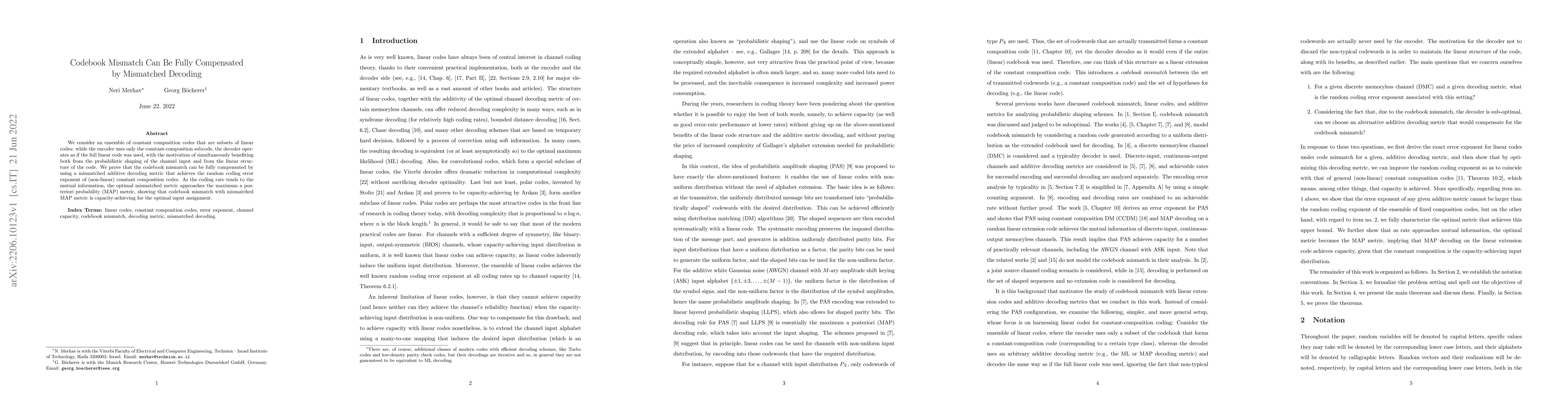 Thumbnail for Codebook Mismatch Can Be Fully Compensated by Mismatched Decoding