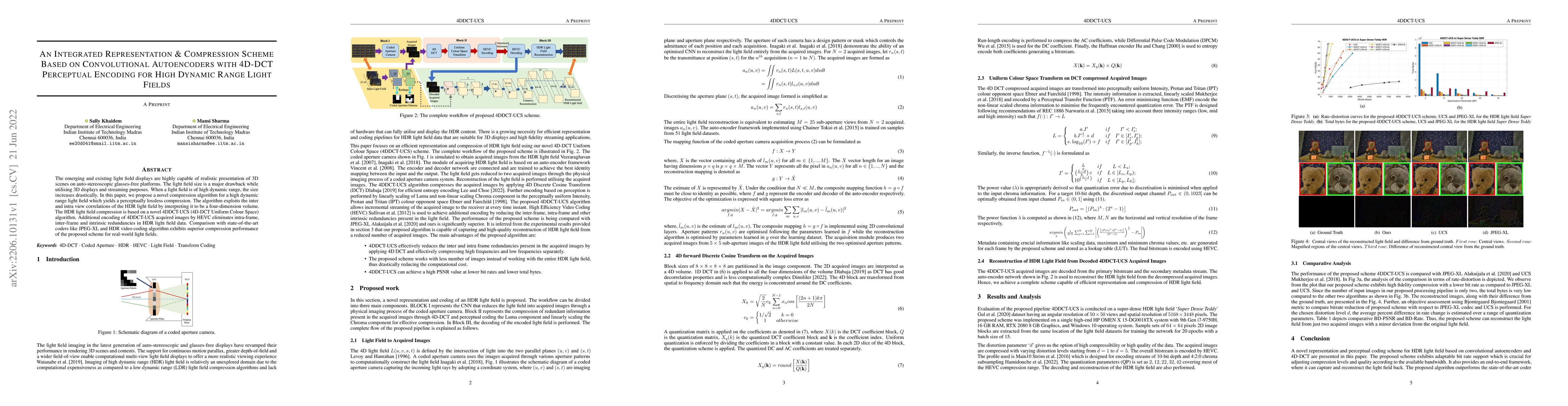 Thumbnail for An Integrated Representation & Compression Scheme Based on Convolutional
  Autoencoders with 4D DCT Perceptual Encoding for High Dynamic Range Light
  Fields