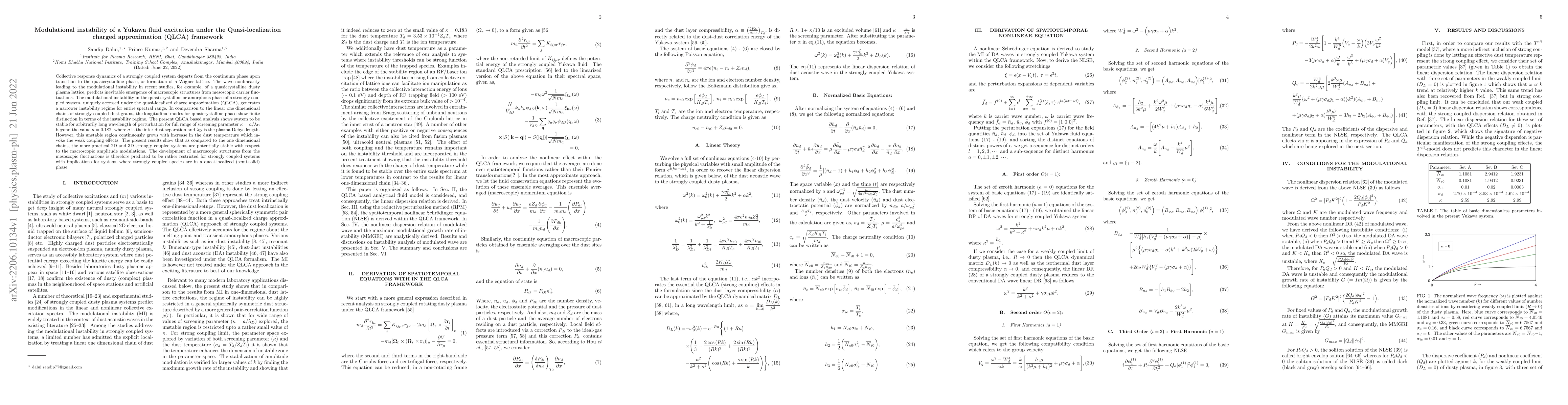 Thumbnail for Modulational instability of a Yukawa fluid excitation under the
  Quasi-localization charged approximation (QLCA) framework