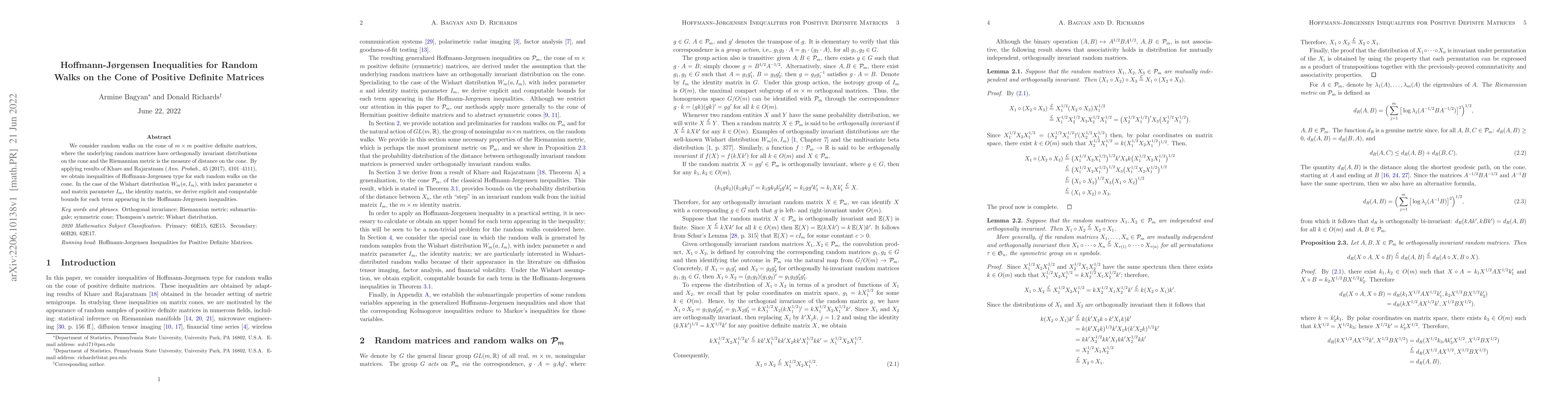 Thumbnail for Hoffmann-J{\o}rgensen Inequalities for Random Walks on the Cone of
  Positive Definite Matrices