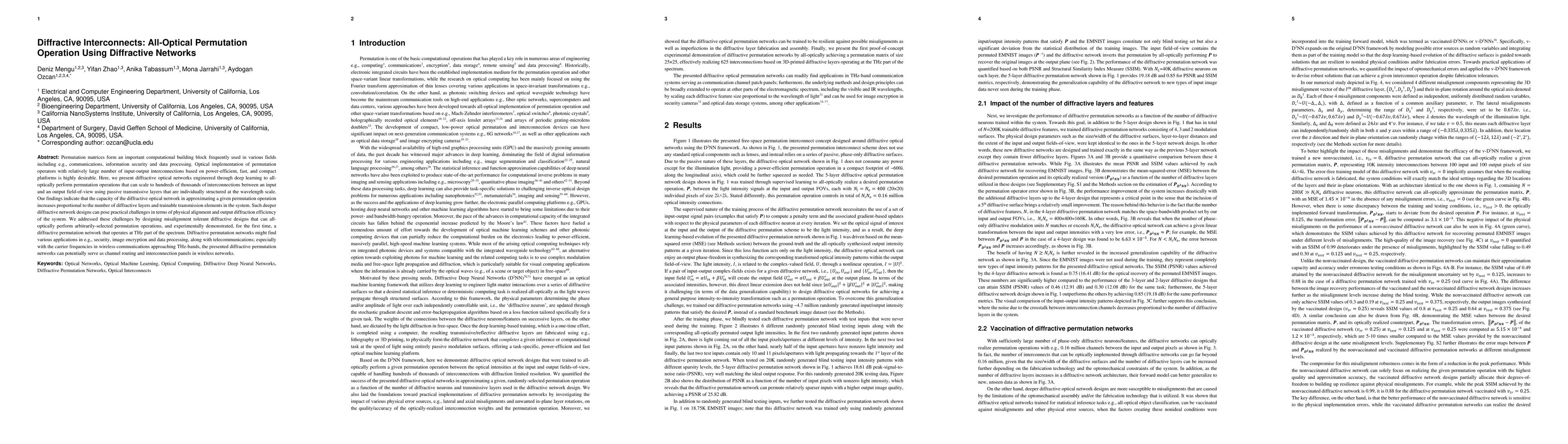 Thumbnail for Diffractive Interconnects: All-Optical Permutation Operation Using
  Diffractive Networks