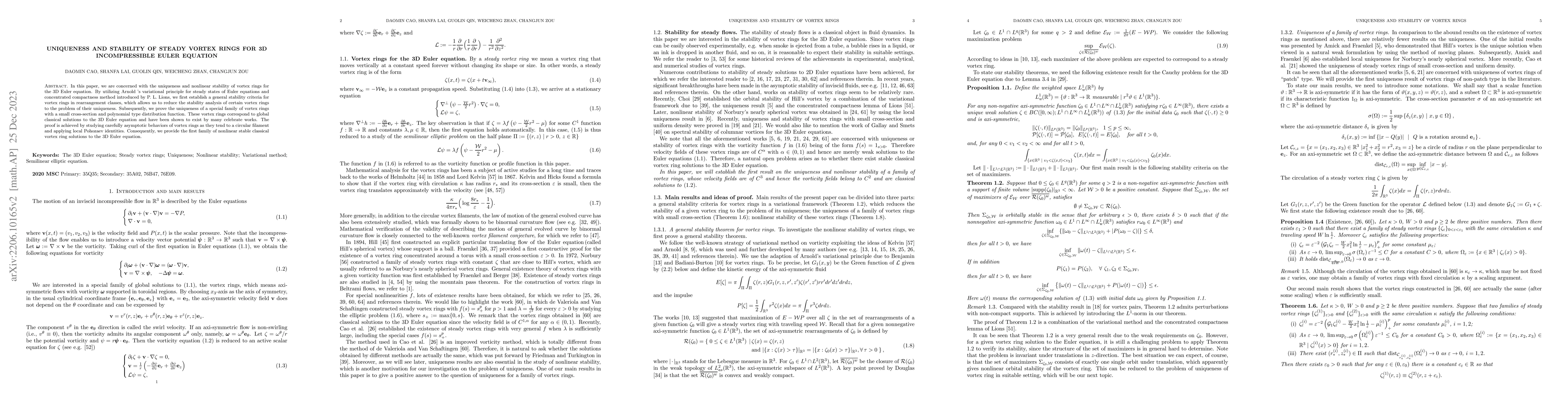 Thumbnail for Uniqueness and stability of steady vortex rings for 3D incompressible
  Euler equation