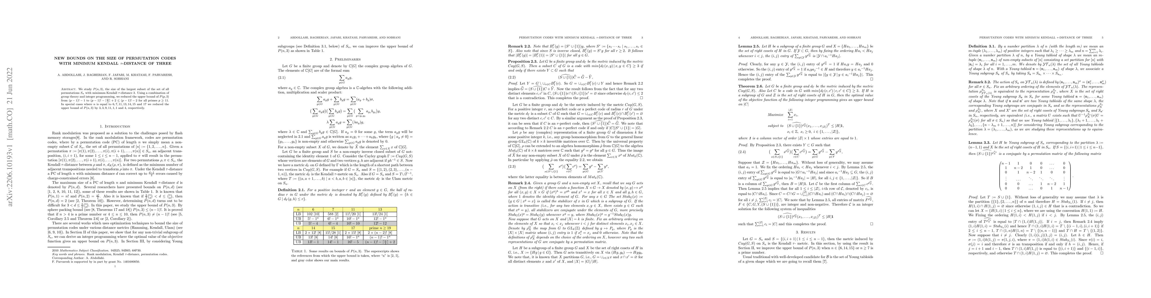 Thumbnail for New Bounds on the Size of Permutation Codes With Minimum Kendall
  $\tau$-distance of Three