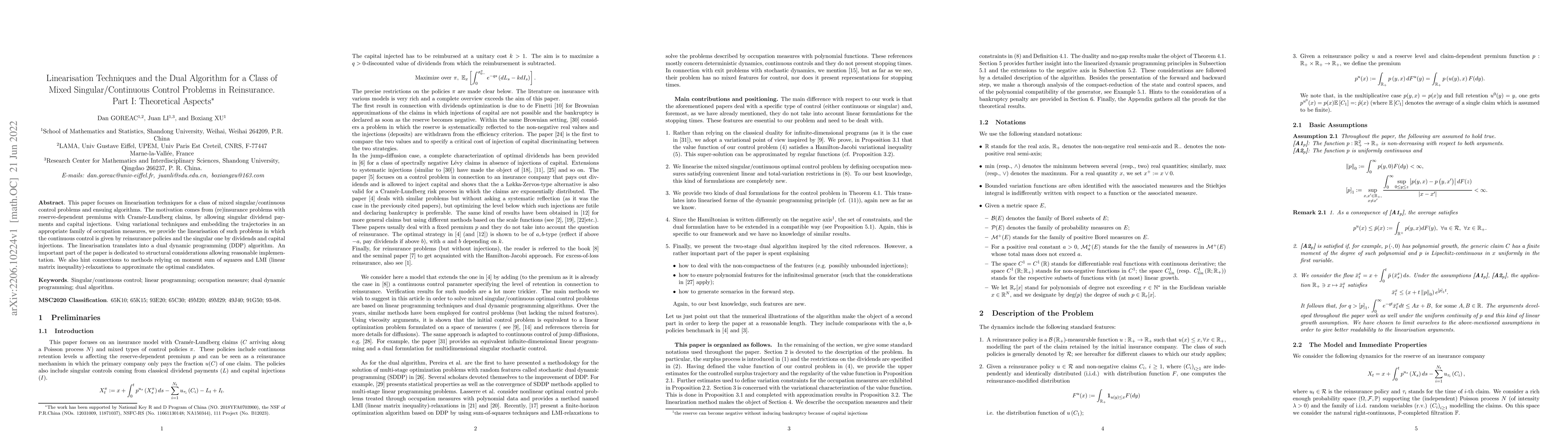 Thumbnail for Linearisation Techniques and the Dual Algorithm for a Class of Mixed
  Singular/Continuous Control Problems in Reinsurance. Part I: Theoretical
  Aspects