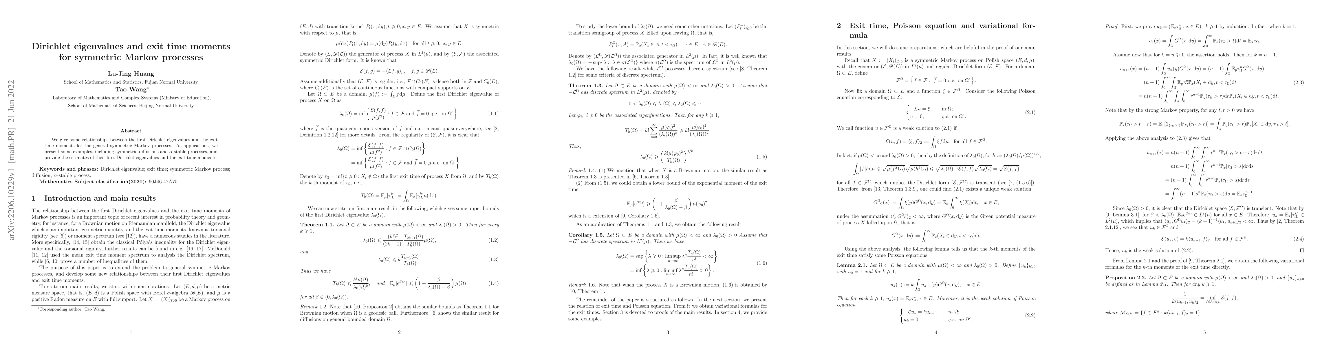 Thumbnail for Dirichlet eigenvalues and exit time moments for symmetric Markov
  processes