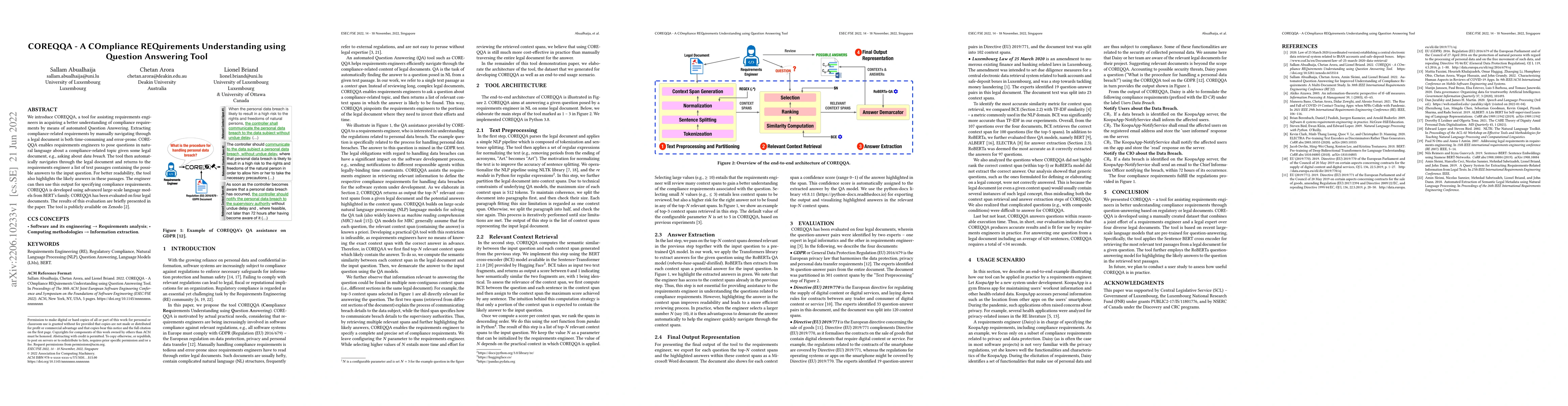 Thumbnail for COREQQA -- A COmpliance REQuirements Understanding using Question
  Answering Tool