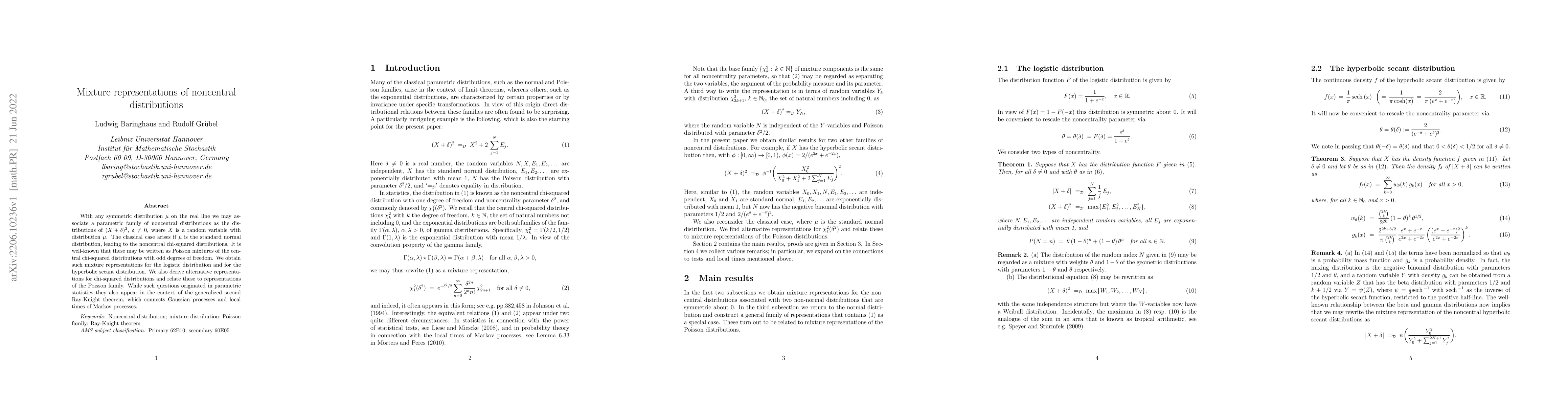 Thumbnail for Mixture representations of noncentral distributions