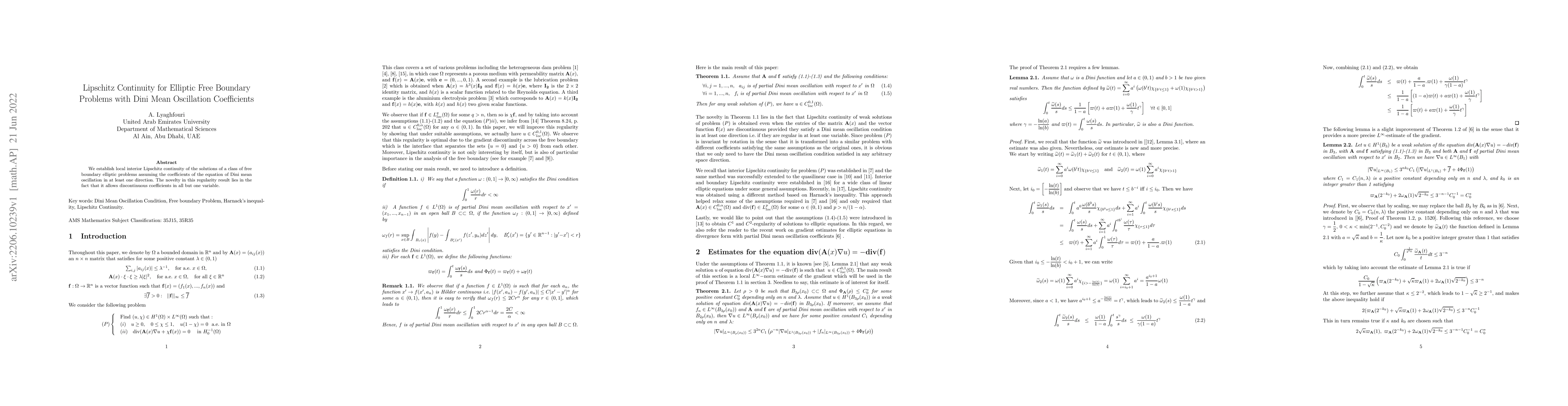 Thumbnail for Lipschitz Continuity for Elliptic Free Boundary Problems with Dini Mean
  Oscillation Coefficients