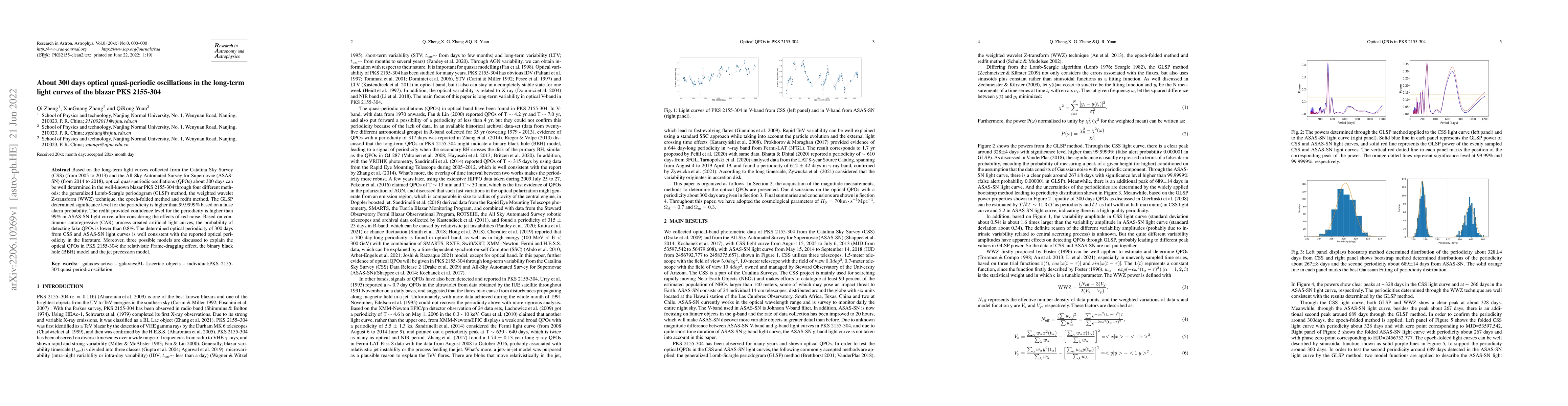 Thumbnail for About 300 days optical quasi-periodic oscillations in the long-term
  light curves of the blazar PKS 2155-304