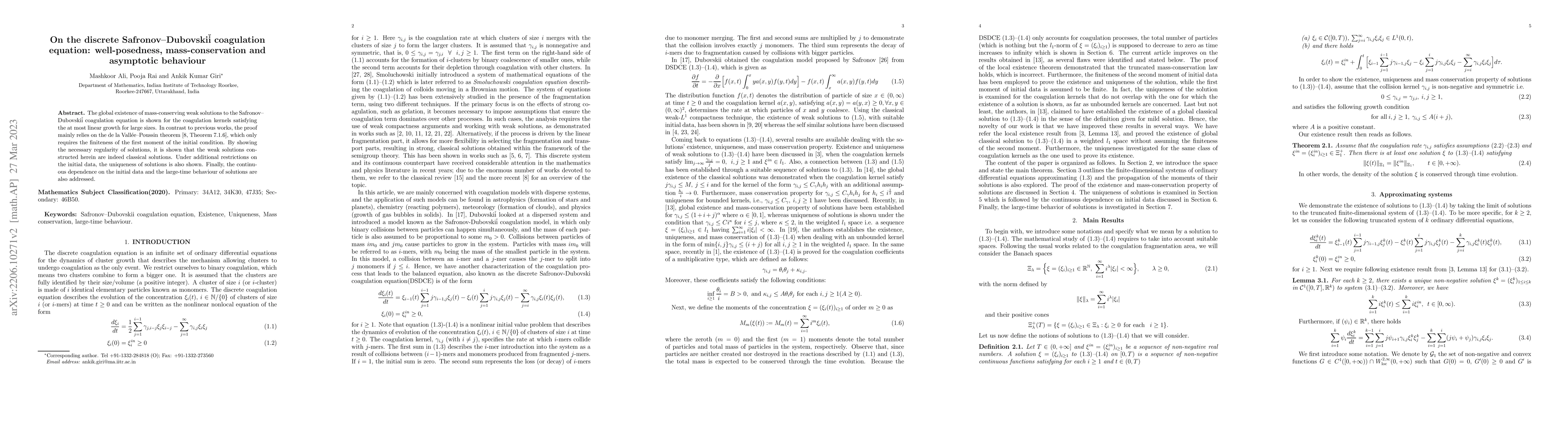 Thumbnail for On the discrete Safronov-Dubovskii coagulation equation: well-posedness,
  mass-conservation and asymptotic behaviour