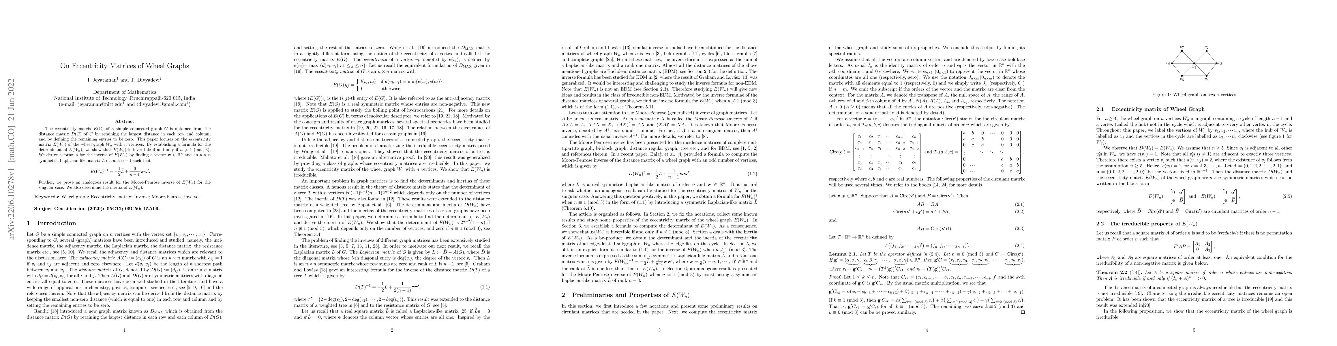 Thumbnail for On Eccentricity Matrices of Wheel Graphs