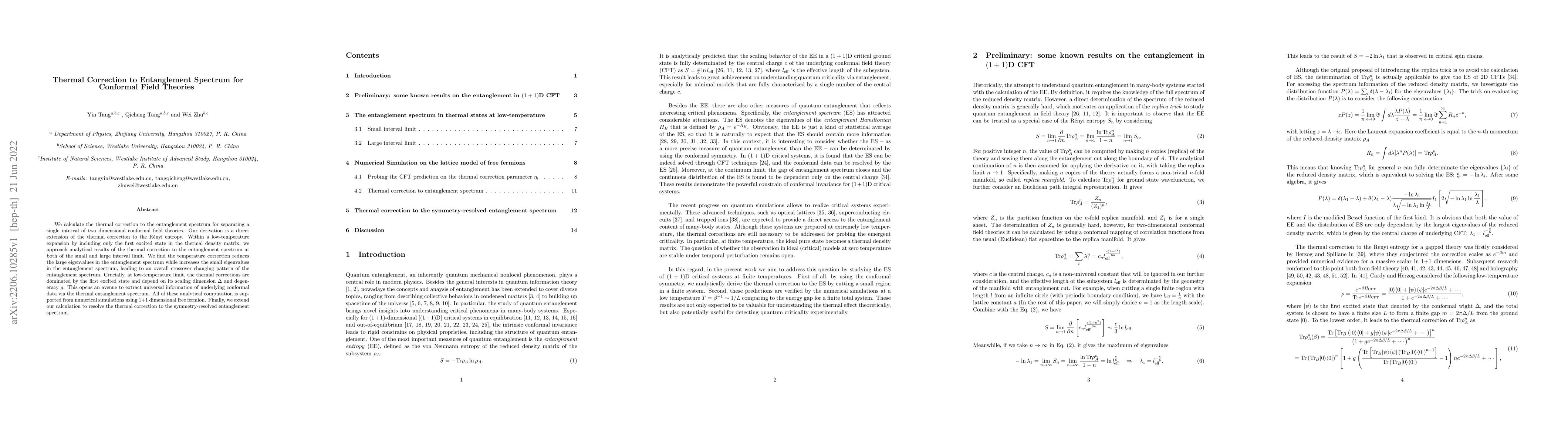 Thumbnail for Thermal Correction to Entanglement Spectrum for Conformal Field Theories