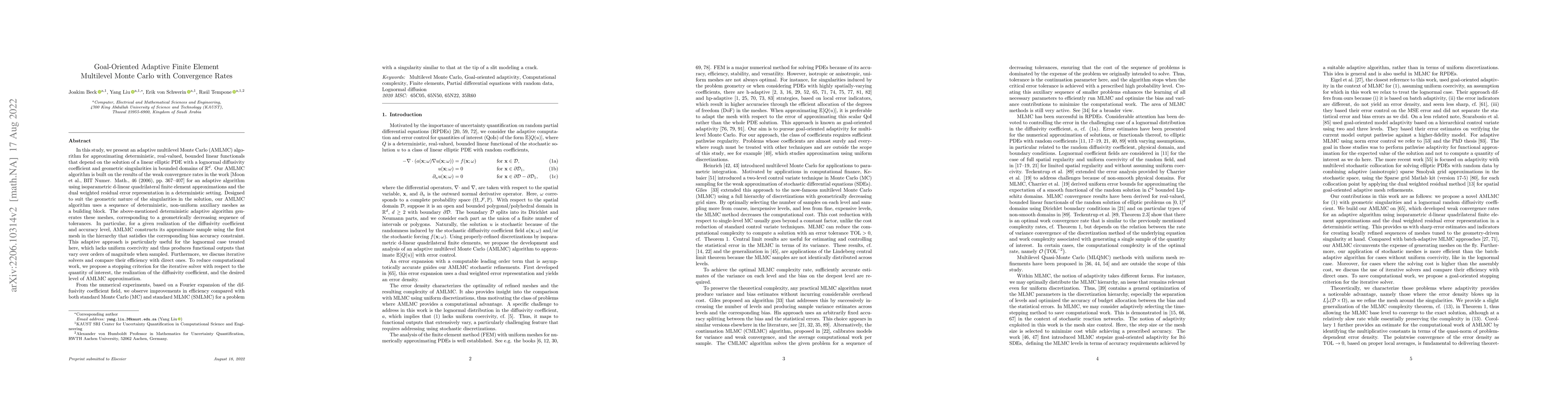 Thumbnail for Goal-Oriented Adaptive Finite Element Multilevel Monte Carlo with
  Convergence Rates