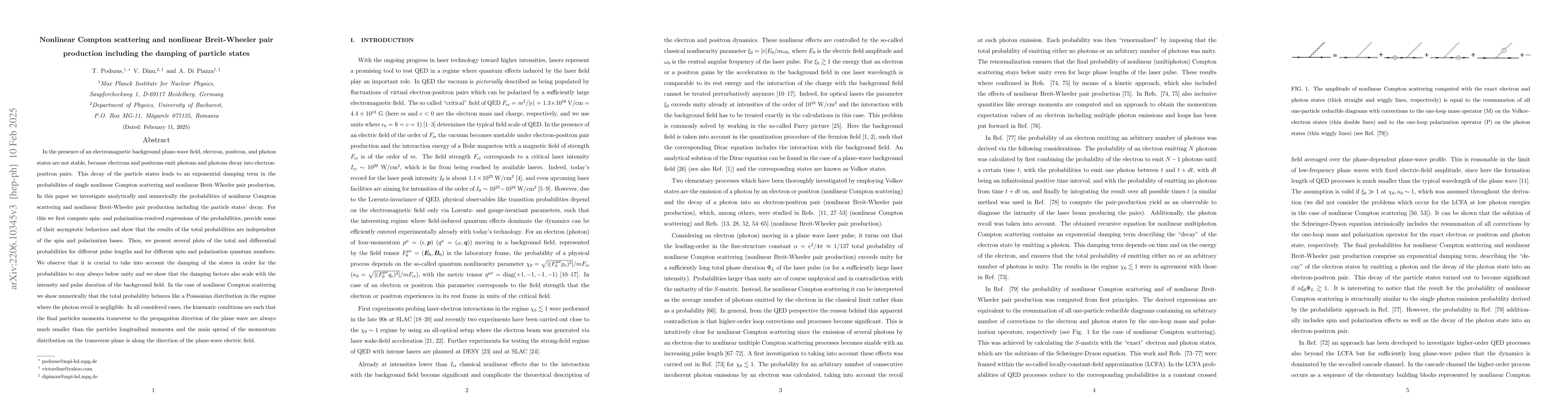 Thumbnail for Nonlinear Compton scattering and nonlinear Breit-Wheeler pair production
  including the damping of particle states
