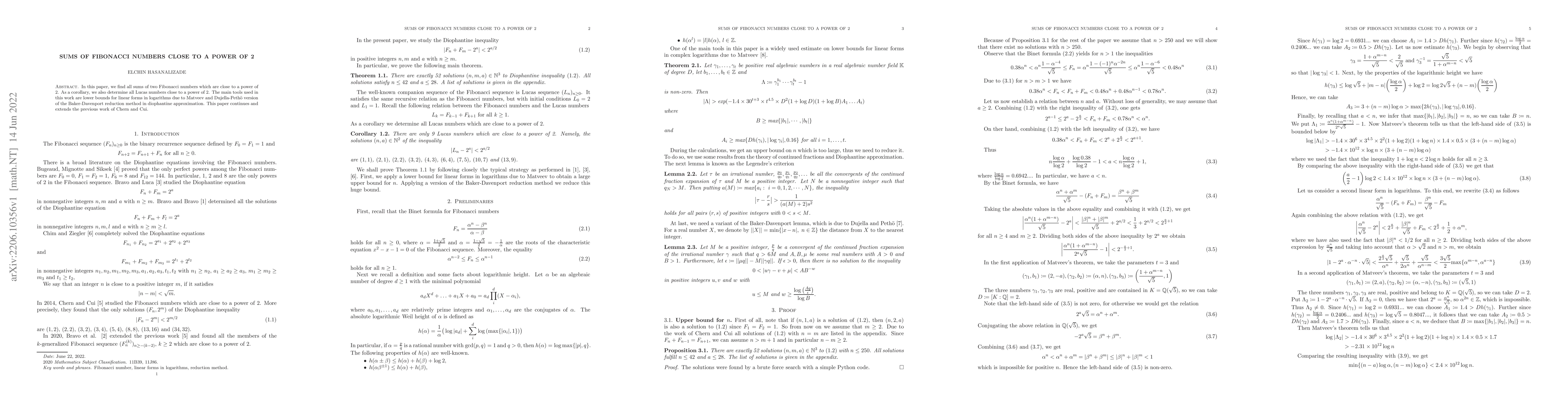 Thumbnail for Sums of Fibonacci numbers close to a power of 2