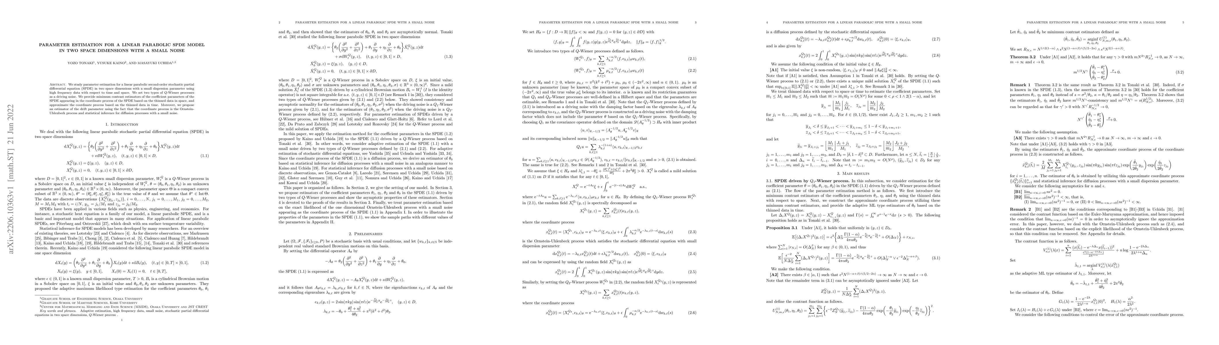 Thumbnail for Parameter estimation for a linear parabolic SPDE model in two space
  dimensions with a small noise