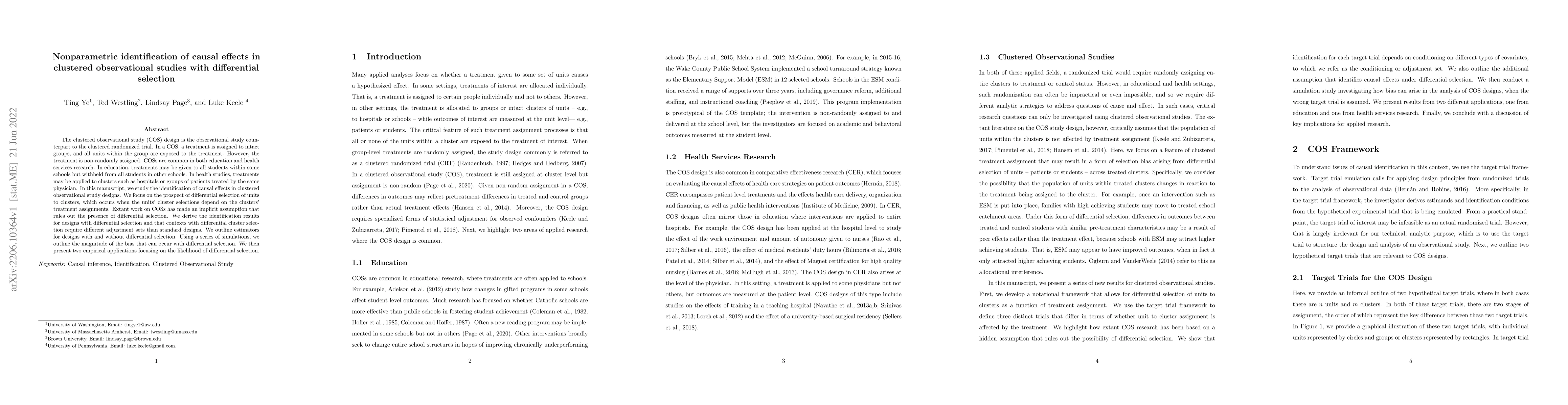 Thumbnail for Nonparametric identification of causal effects in clustered
  observational studies with differential selection