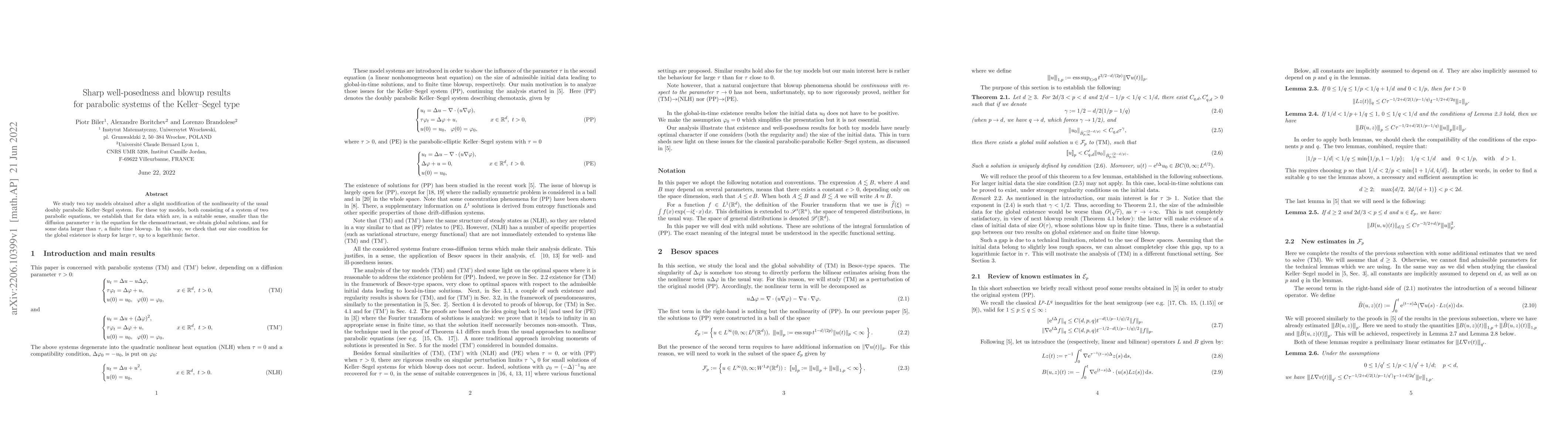 Thumbnail for Sharp well-posedness and blowup results for parabolic systems of the
  Keller-Segel type