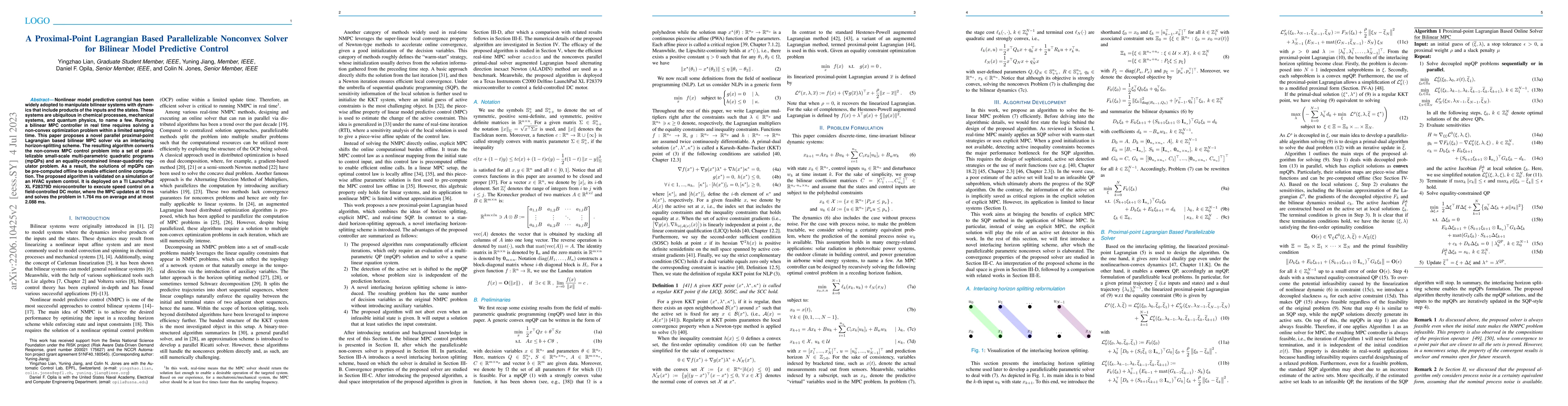 Thumbnail for A Proximal-Point Lagrangian Based Parallelizable Nonconvex Solver for
  Bilinear Model Predictive Control