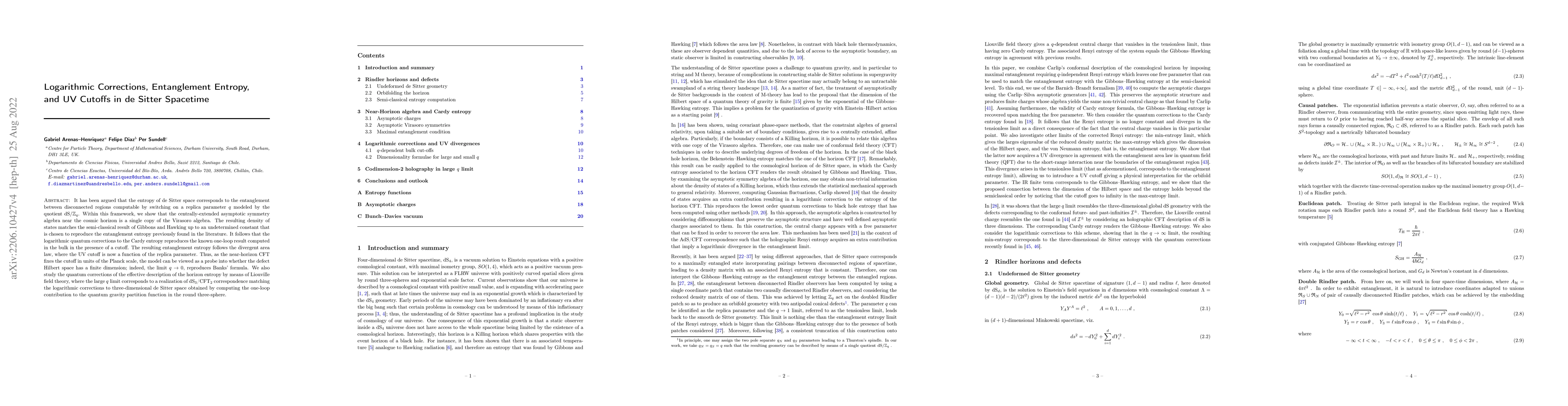 Thumbnail for Logarithmic Corrections, Entanglement Entropy, and UV Cutoffs in de
  Sitter Spacetime