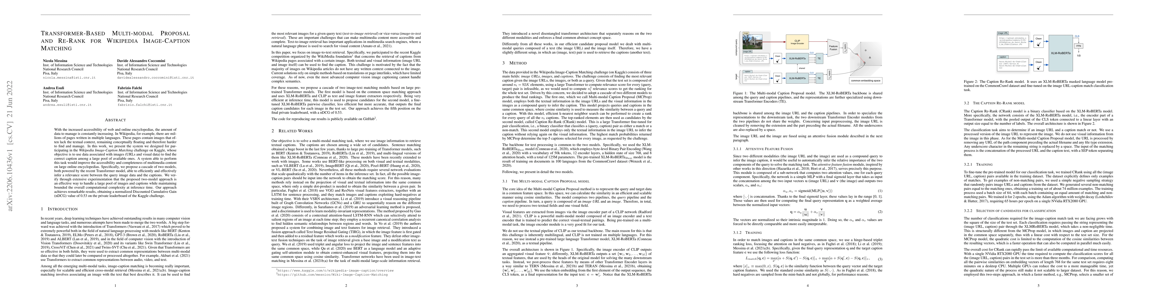Thumbnail for Transformer-Based Multi-modal Proposal and Re-Rank for Wikipedia
  Image-Caption Matching