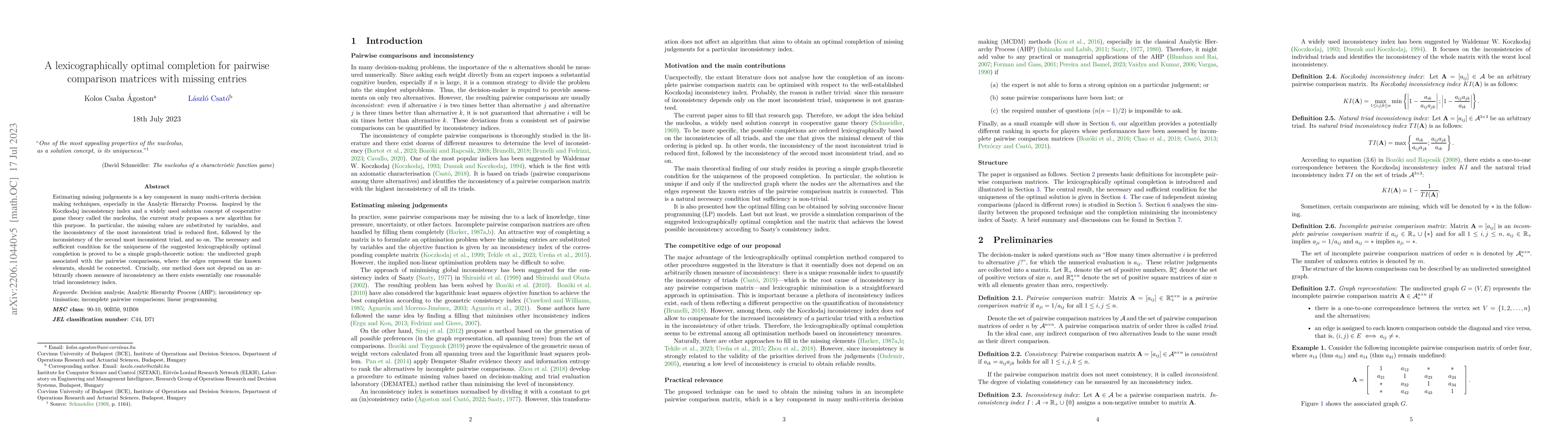 Thumbnail for A lexicographically optimal completion for pairwise comparison matrices
  with missing entries