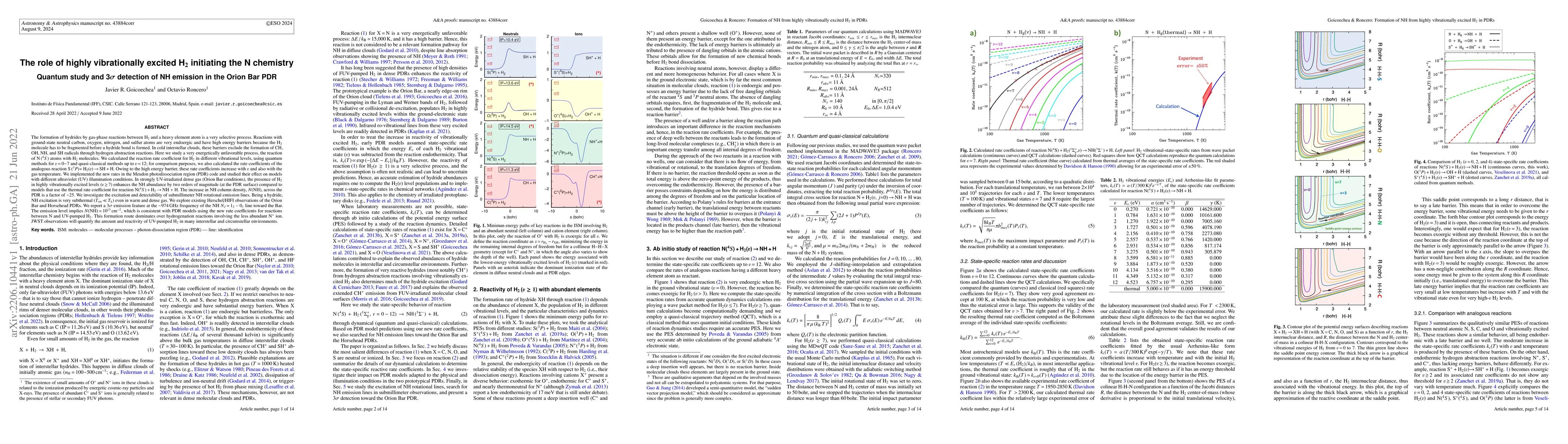 Thumbnail for The role of highly vibrationally excited H2 initiating the N chemistry:
  Quantum study and 3-sigma detection of NH emission in the Orion Bar PDR