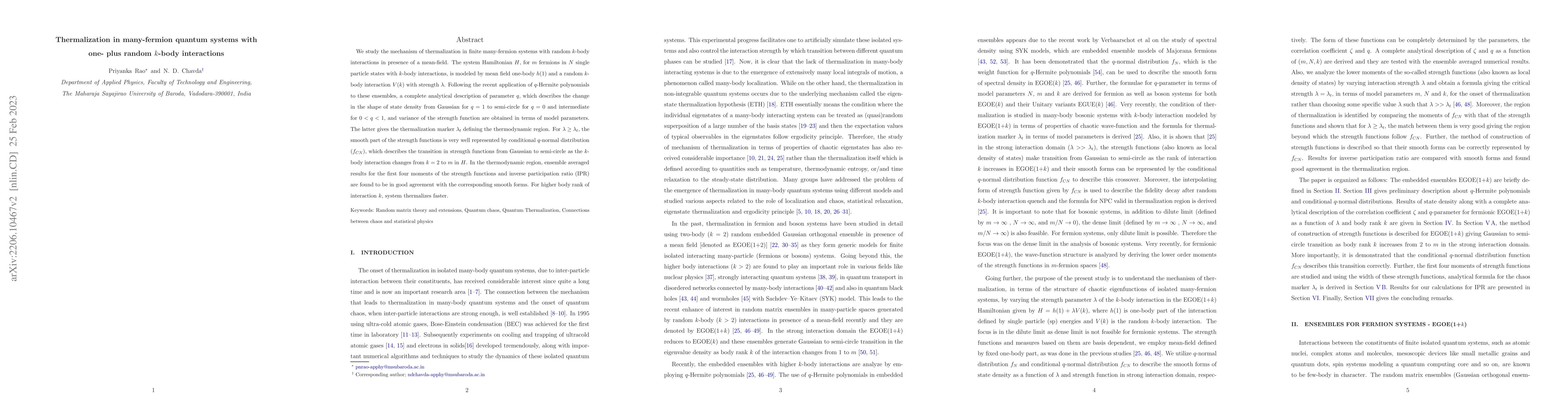 Thumbnail for Thermalization in many-fermion quantum systems with one- plus random
  $k$-body interactions