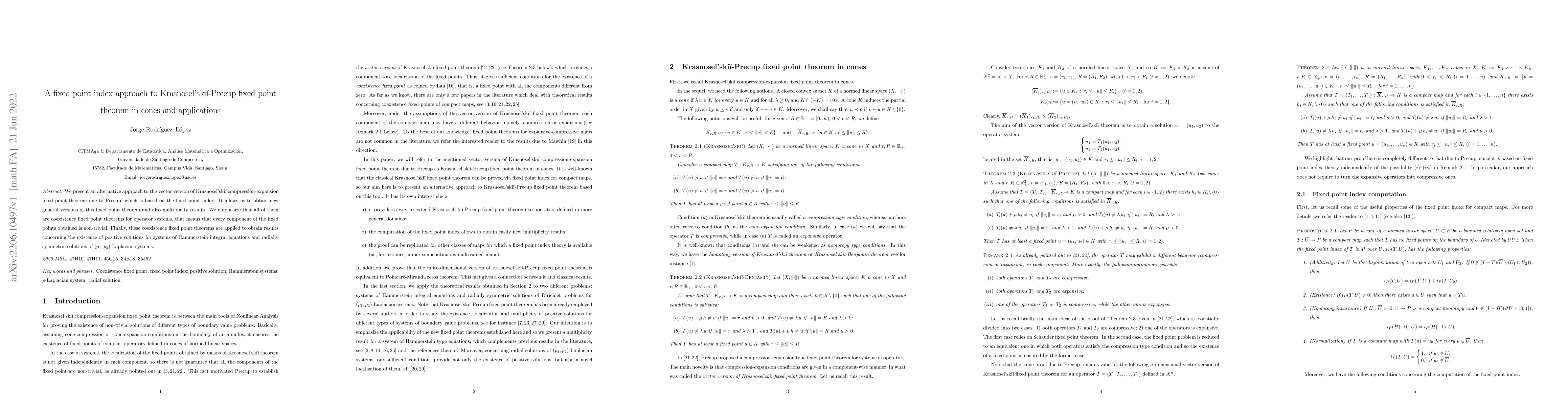 Thumbnail for A fixed point index approach to Krasnosel'skii-Precup fixed point
  theorem in cones and applications