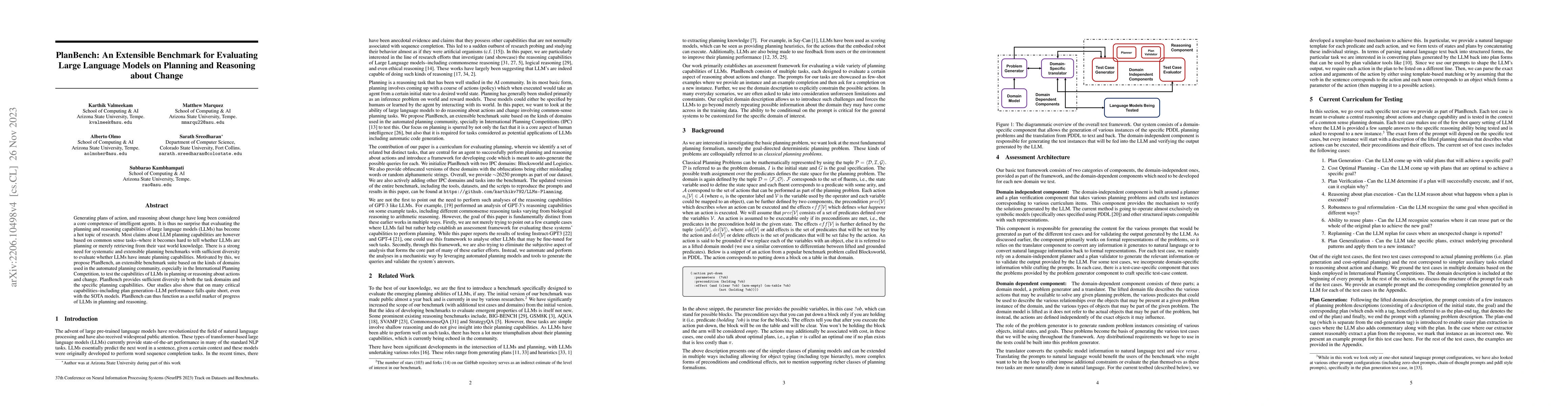 Thumbnail for PlanBench: An Extensible Benchmark for Evaluating Large Language Models
  on Planning and Reasoning about Change