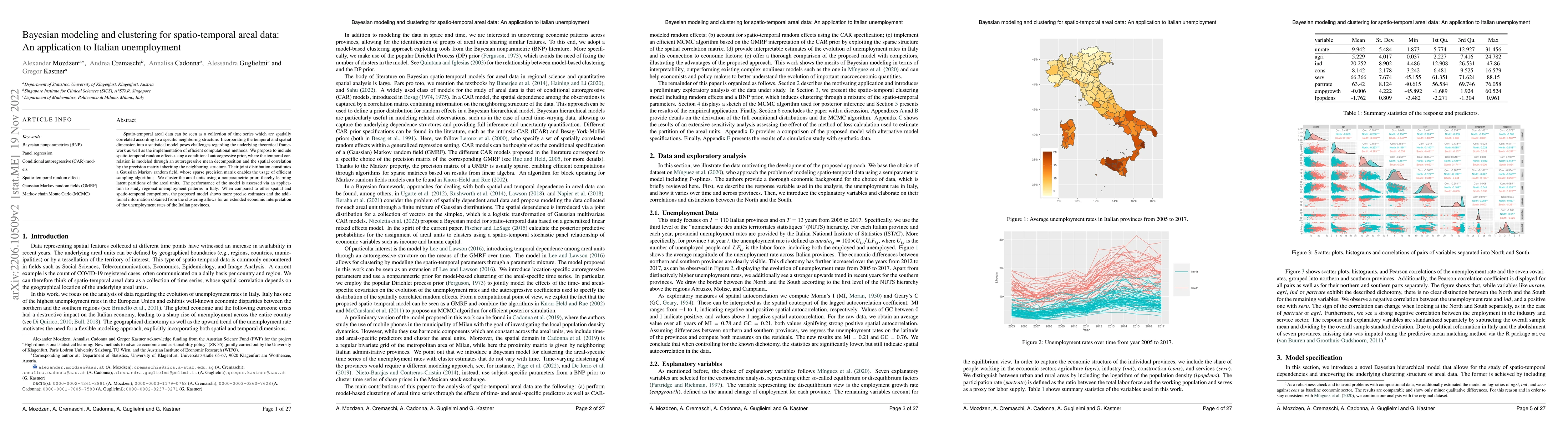 Thumbnail for Bayesian modeling and clustering for spatio-temporal areal data: An
  application to Italian unemployment