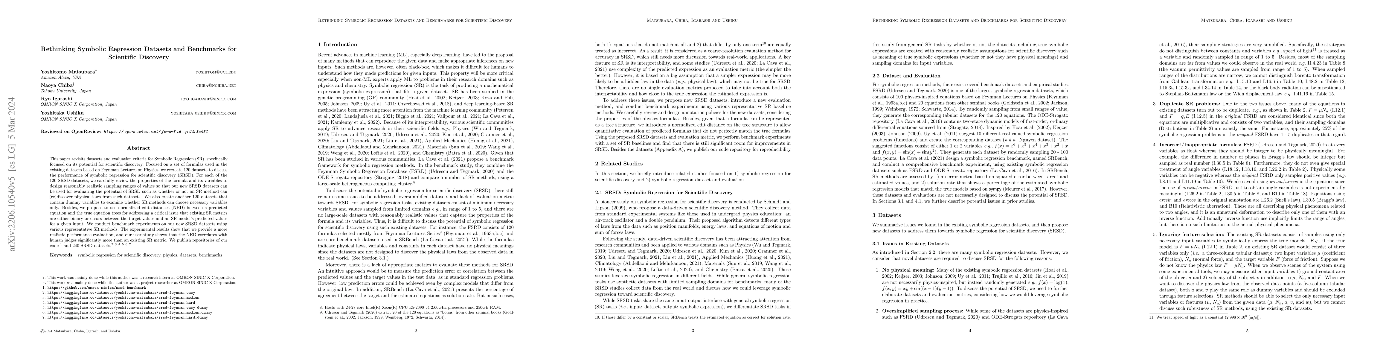 Thumbnail for Rethinking Symbolic Regression Datasets and Benchmarks for Scientific
  Discovery
