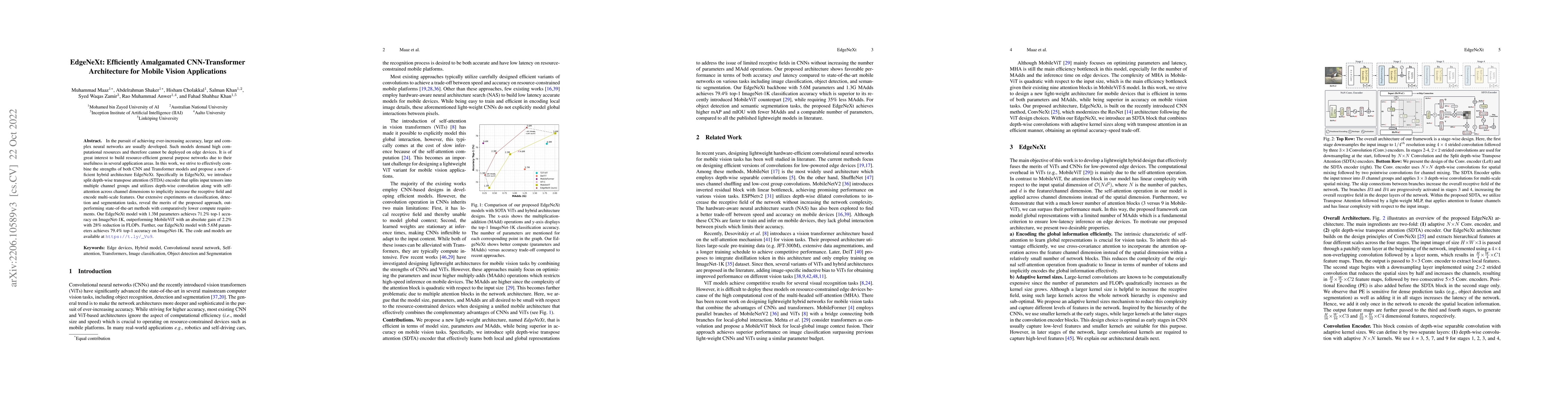 Thumbnail for EdgeNeXt: Efficiently Amalgamated CNN-Transformer Architecture for
  Mobile Vision Applications