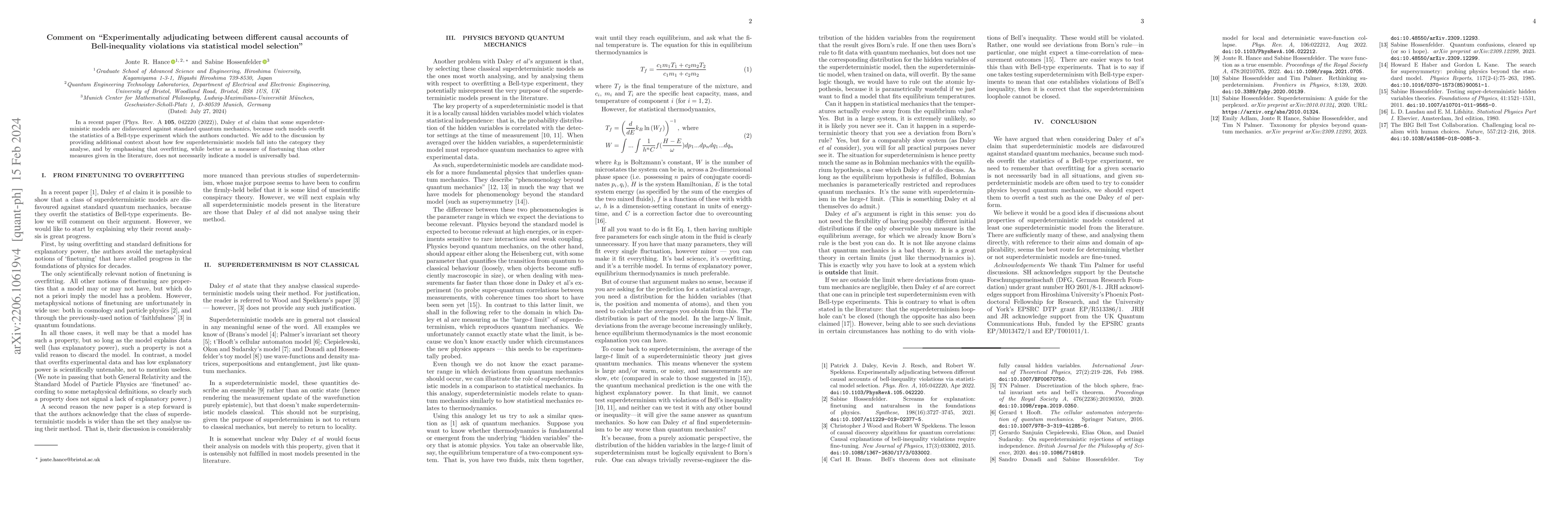 Thumbnail for Comment on "Experimentally adjudicating between different causal
  accounts of Bell-inequality violations via statistical model selection"