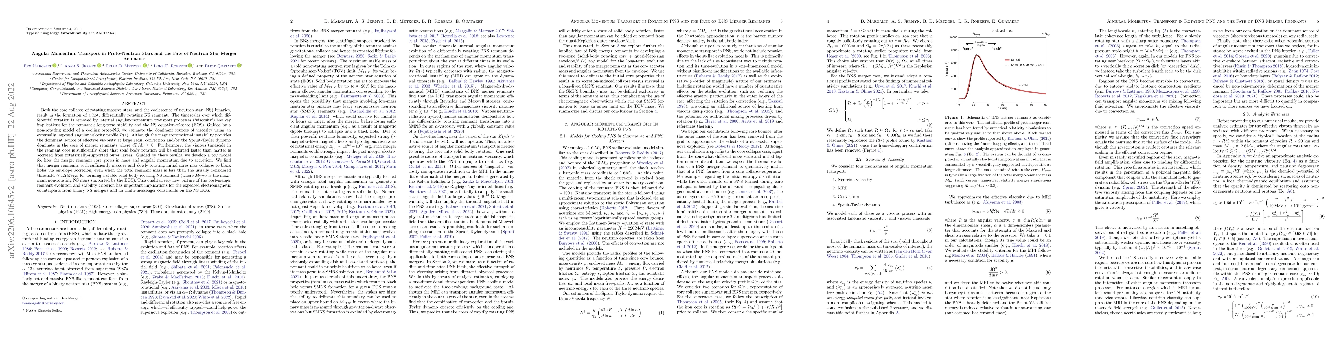 Thumbnail for Angular Momentum Transport in Proto-Neutron Stars and the Fate of
  Neutron Star Merger Remnants