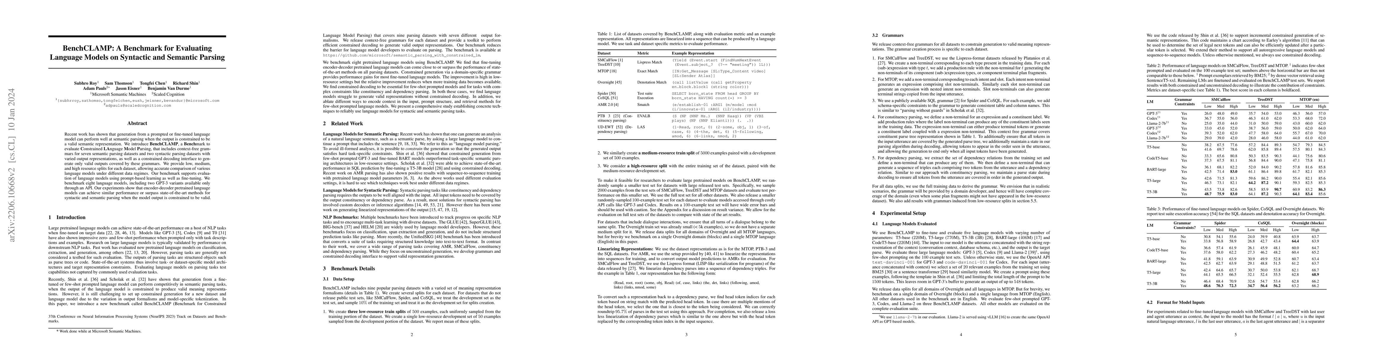 Thumbnail for BenchCLAMP: A Benchmark for Evaluating Language Models on Syntactic and
  Semantic Parsing