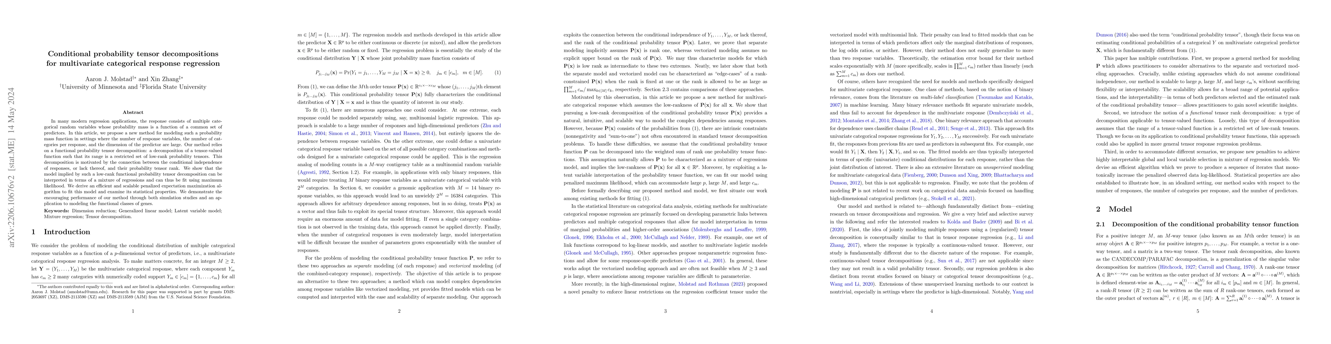 Thumbnail for Conditional probability tensor decompositions for multivariate
  categorical response regression