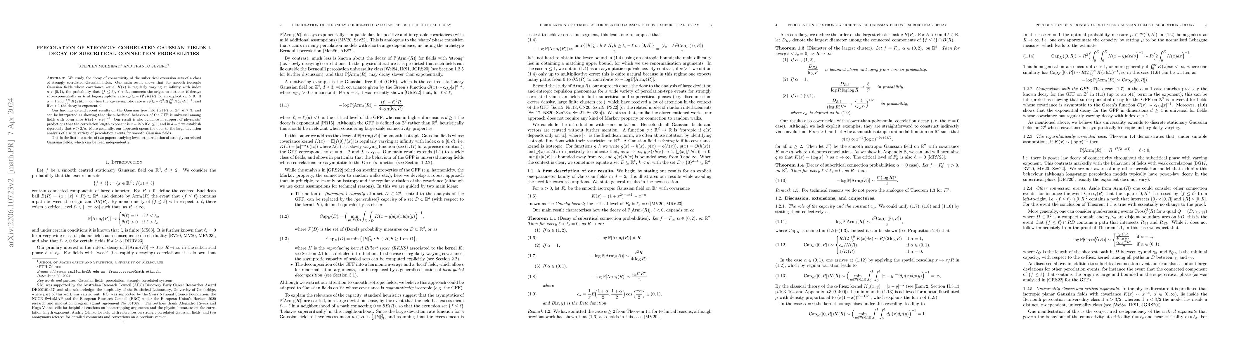 Thumbnail for Percolation of strongly correlated Gaussian fields I. Decay of
  subcritical connection probabilities