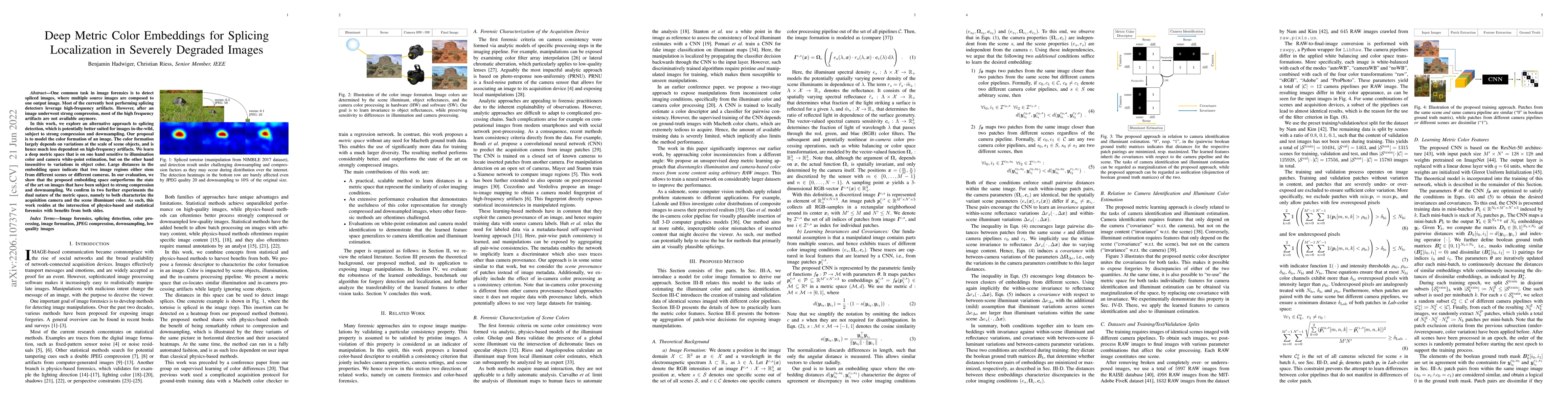 Thumbnail for Deep Metric Color Embeddings for Splicing Localization in Severely
  Degraded Images