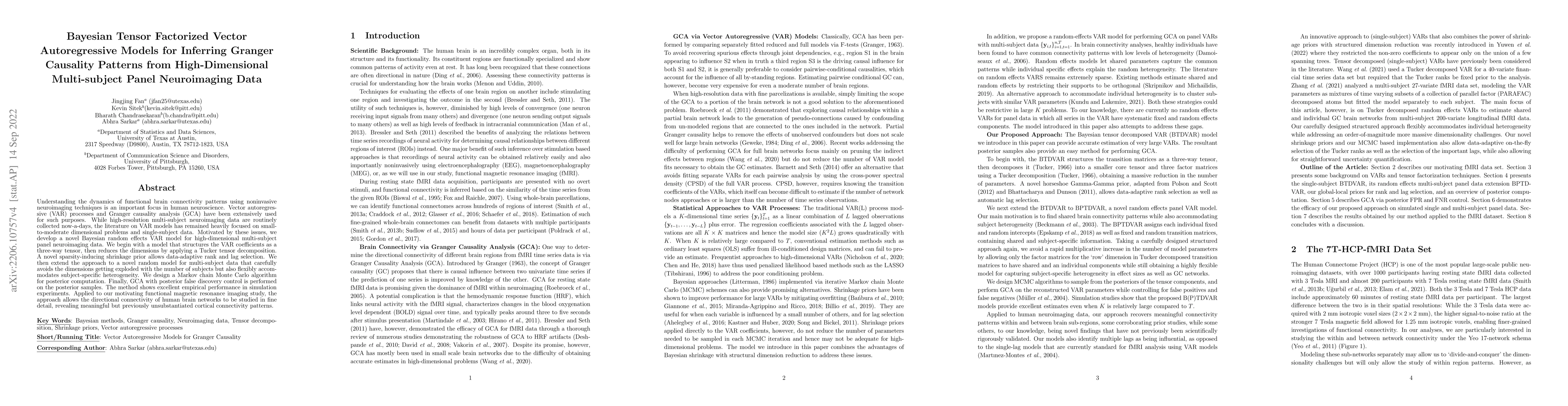Thumbnail for Bayesian Tensor Factorized Vector Autoregressive Models for Inferring
  Granger Causality Patterns from High-Dimensional Multi-subject Panel
  Neuroimaging Data