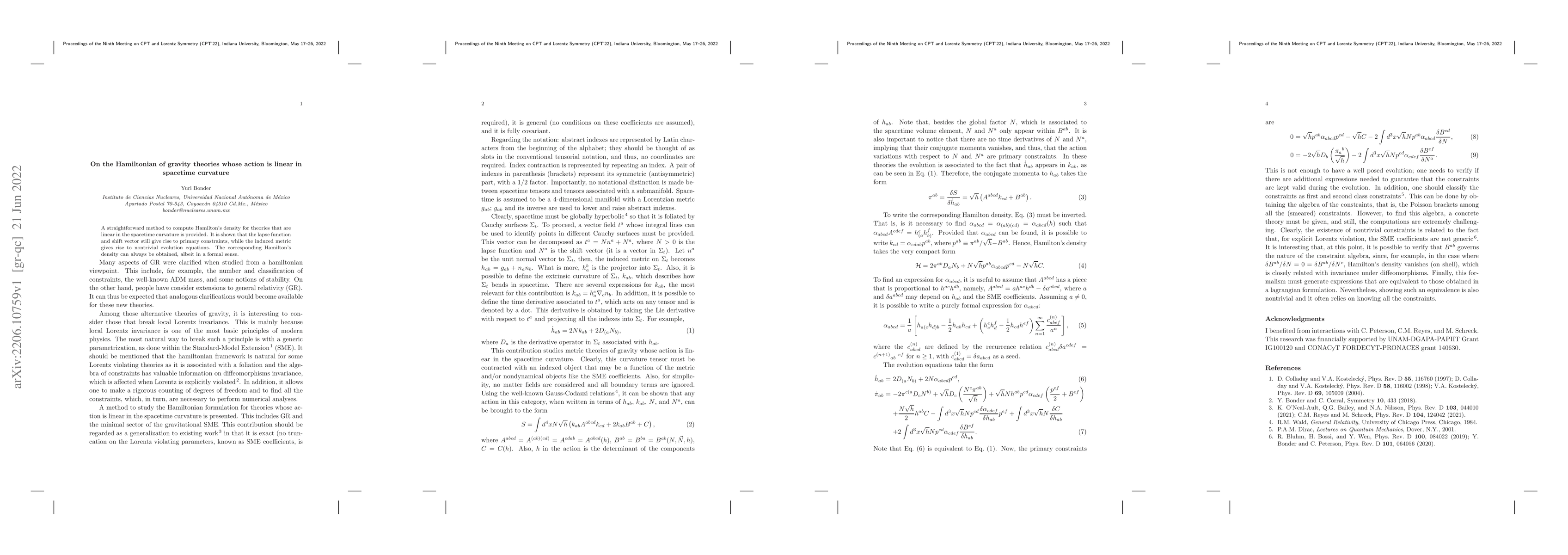 Thumbnail for On the Hamiltonian of gravity theories whose action is linear in
  spacetime curvature