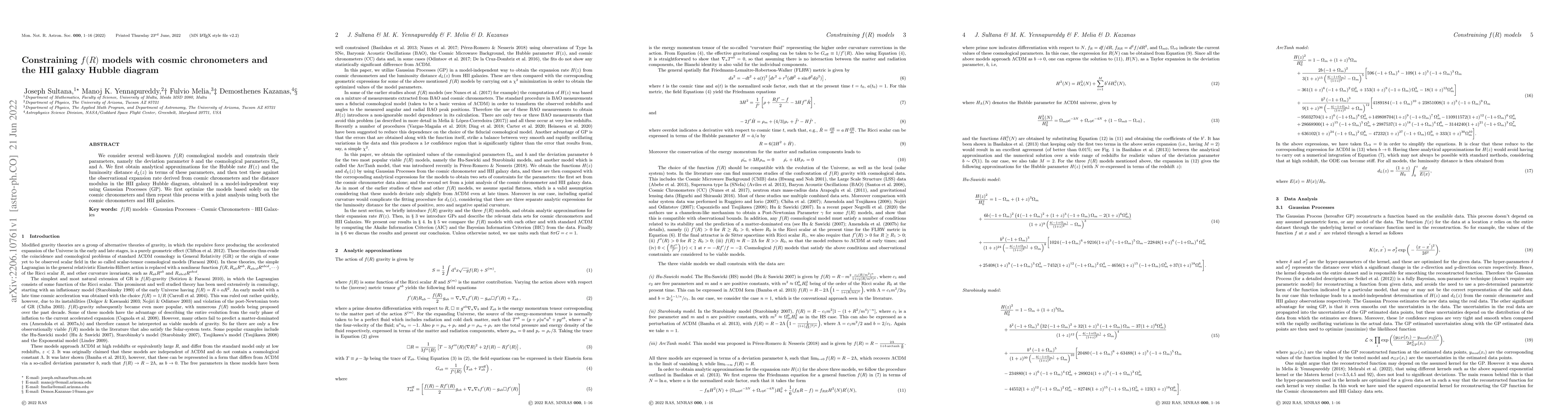 Thumbnail for Constraining f(R) models with cosmic chronometers and the HII galaxy
  Hubble diagram