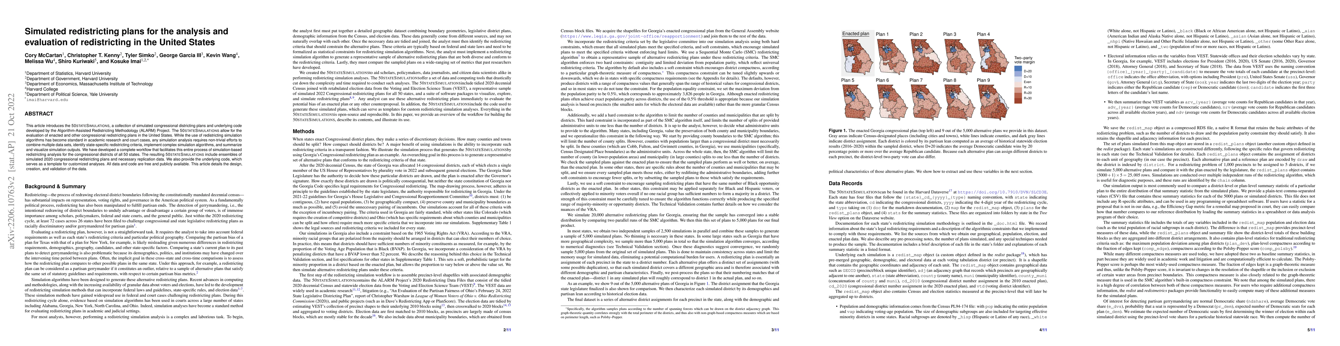 Thumbnail for Simulated redistricting plans for the analysis and evaluation of
  redistricting in the United States